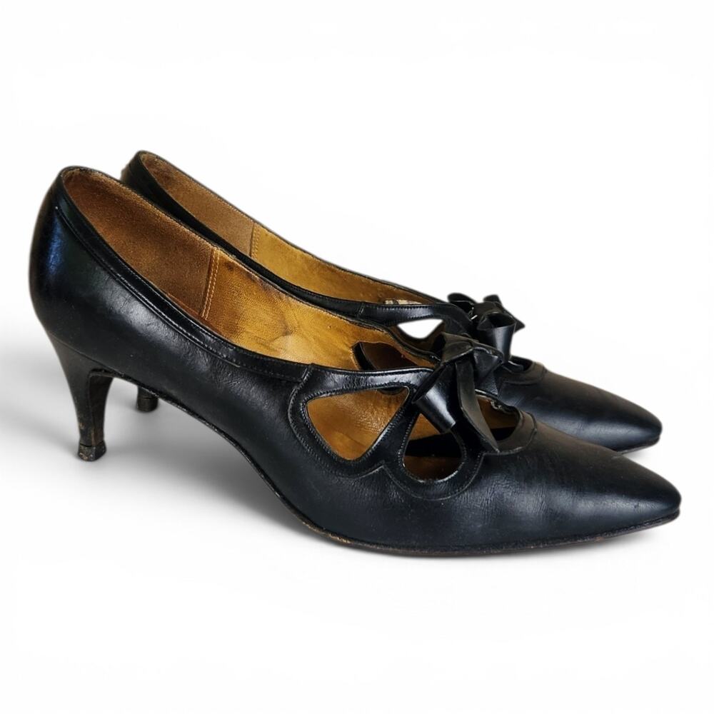 Vtg 50s Anna Silvestri Black Kitten Heels 6.5 N Pointed Toe Bow Cut Out Classy - Picture 2 of 11